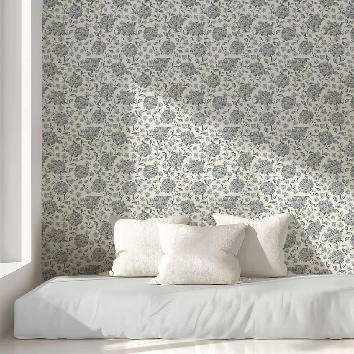 Carta da parati Fiori e foglie cespugliosi in una palette di colori grigio-blu a00778