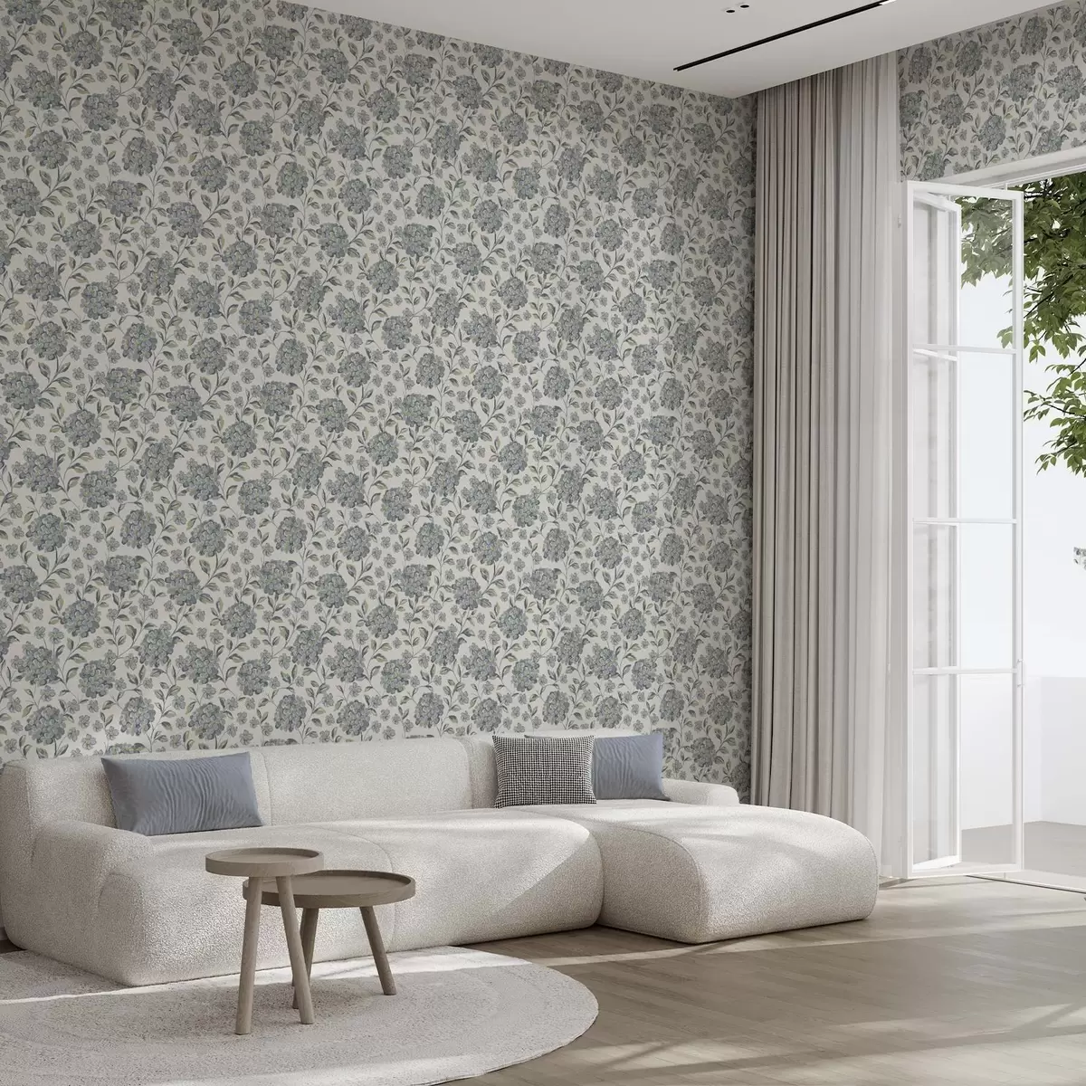 Carta da parati Fiori e foglie cespugliosi in una palette di colori grigio-blu a00778