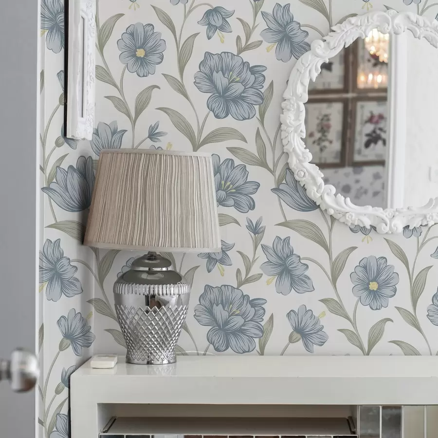 carta da parati Fiori blu polverosi con foglie di olivo su sfondo bianco nr. a00780