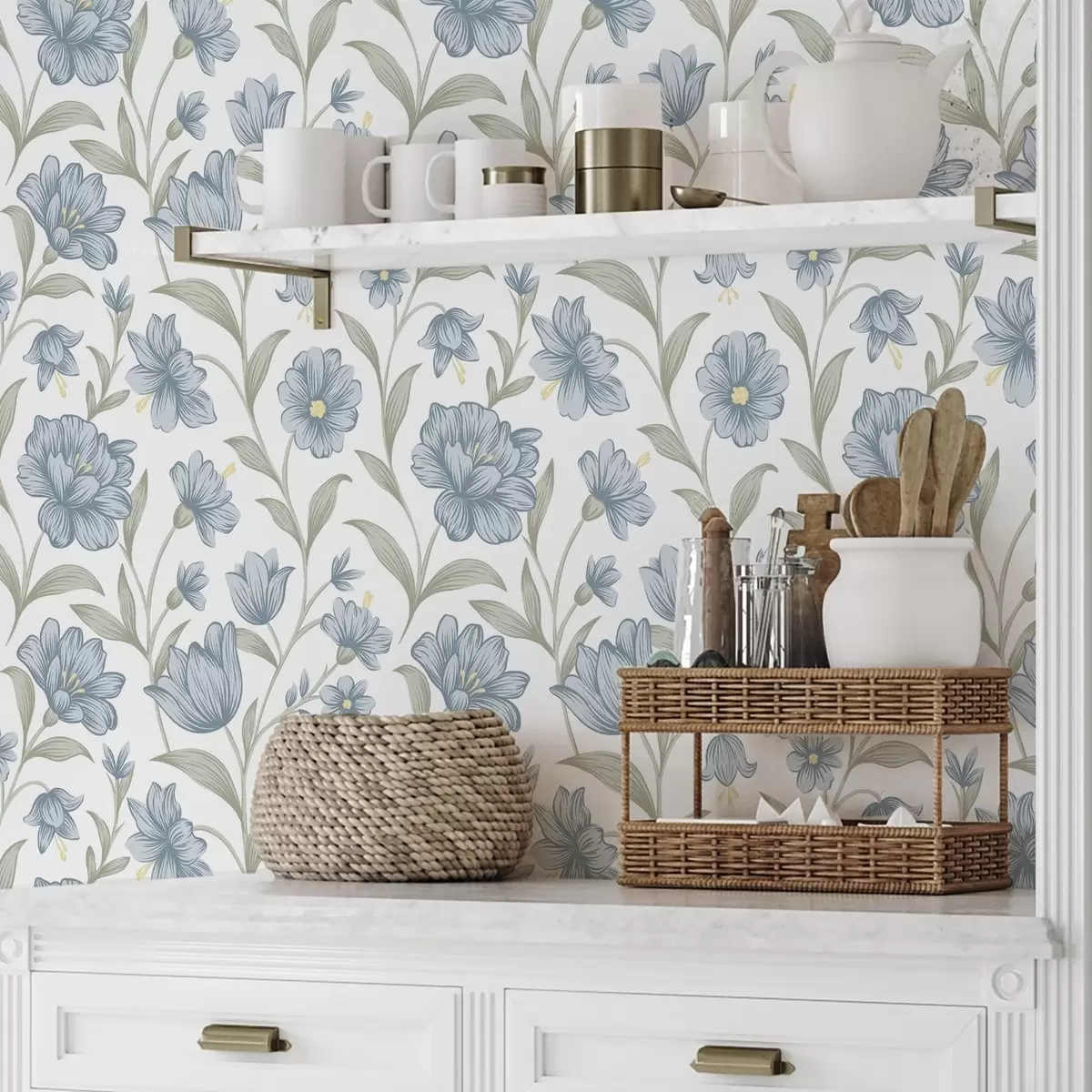 Carta da parati Fiori blu polverosi con foglie di olivo su sfondo bianco a00780