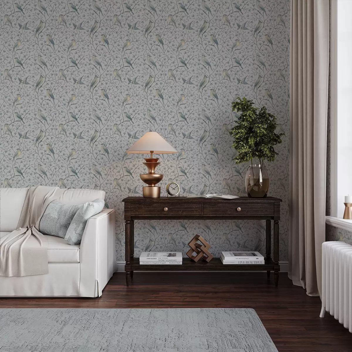 Carta da parati Uccelli sui rami, schema grigio-blu a00782