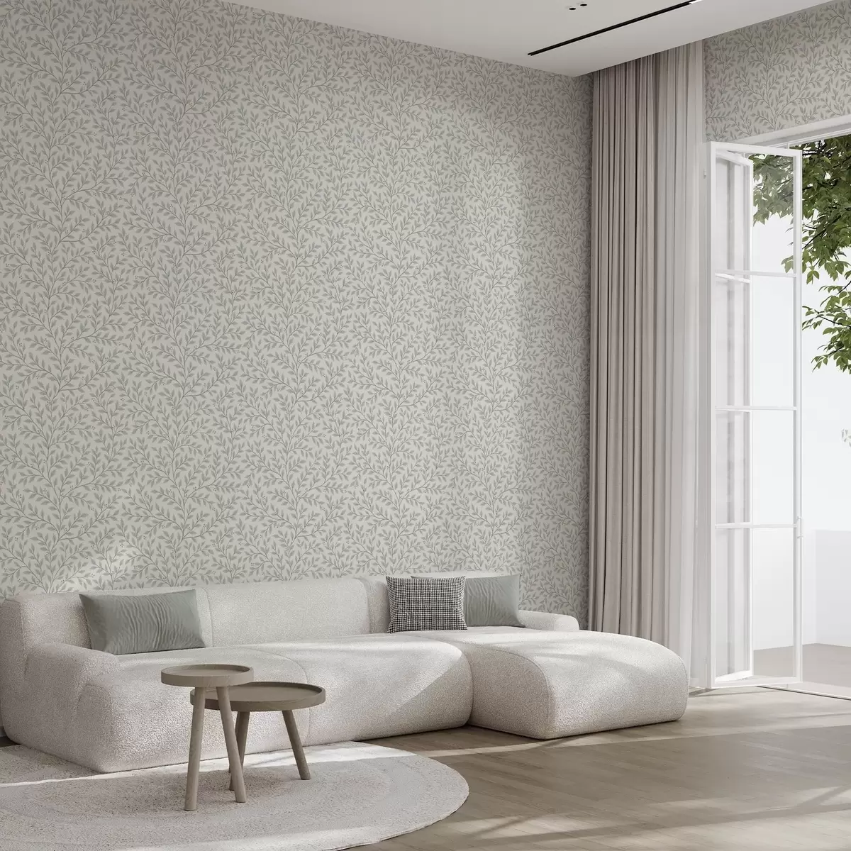 Carta da parati Rami con foglie e bacche, crema chiara e salvia a00783