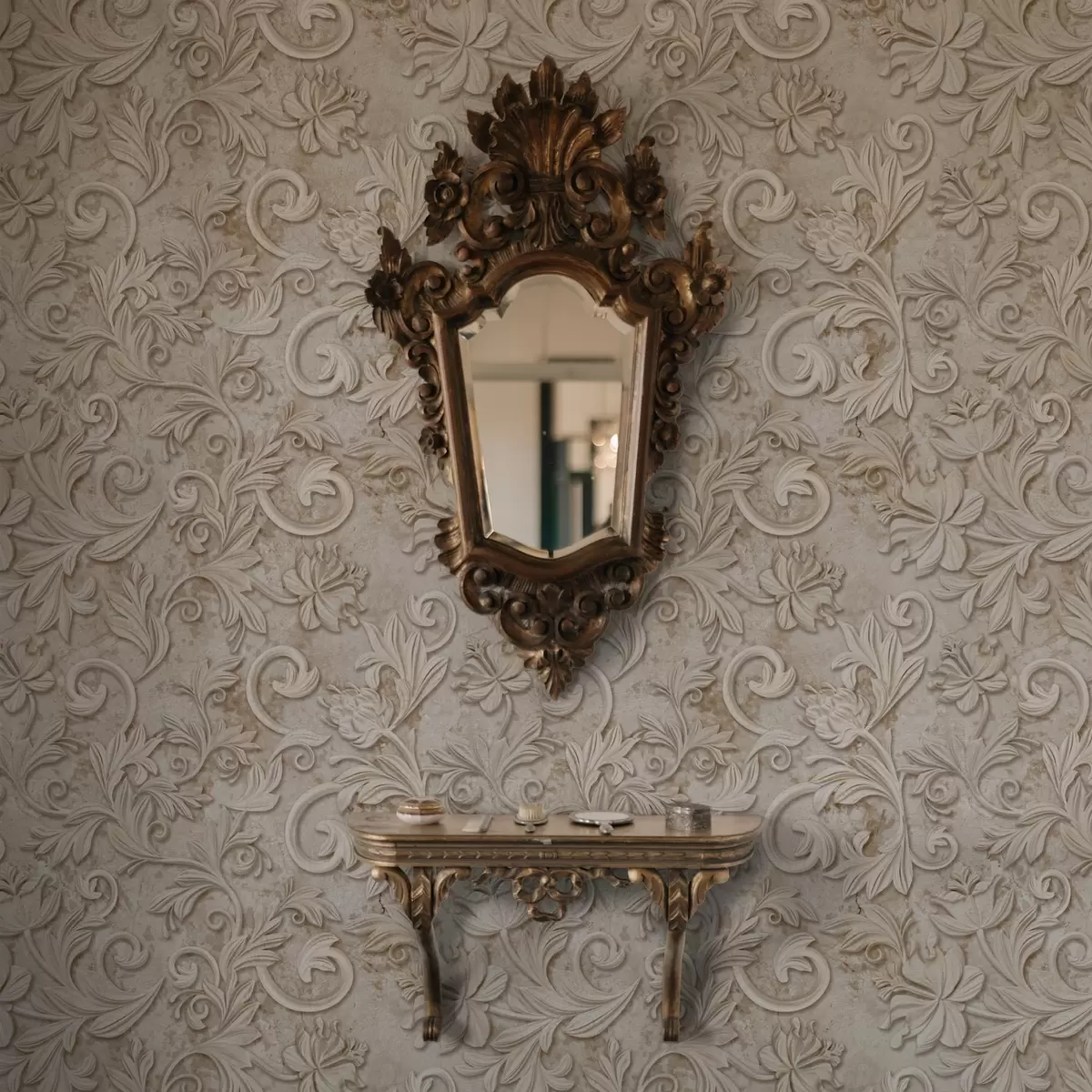 Carta da parati Rilievo in pietra con volute floreali, beige vintage a00784