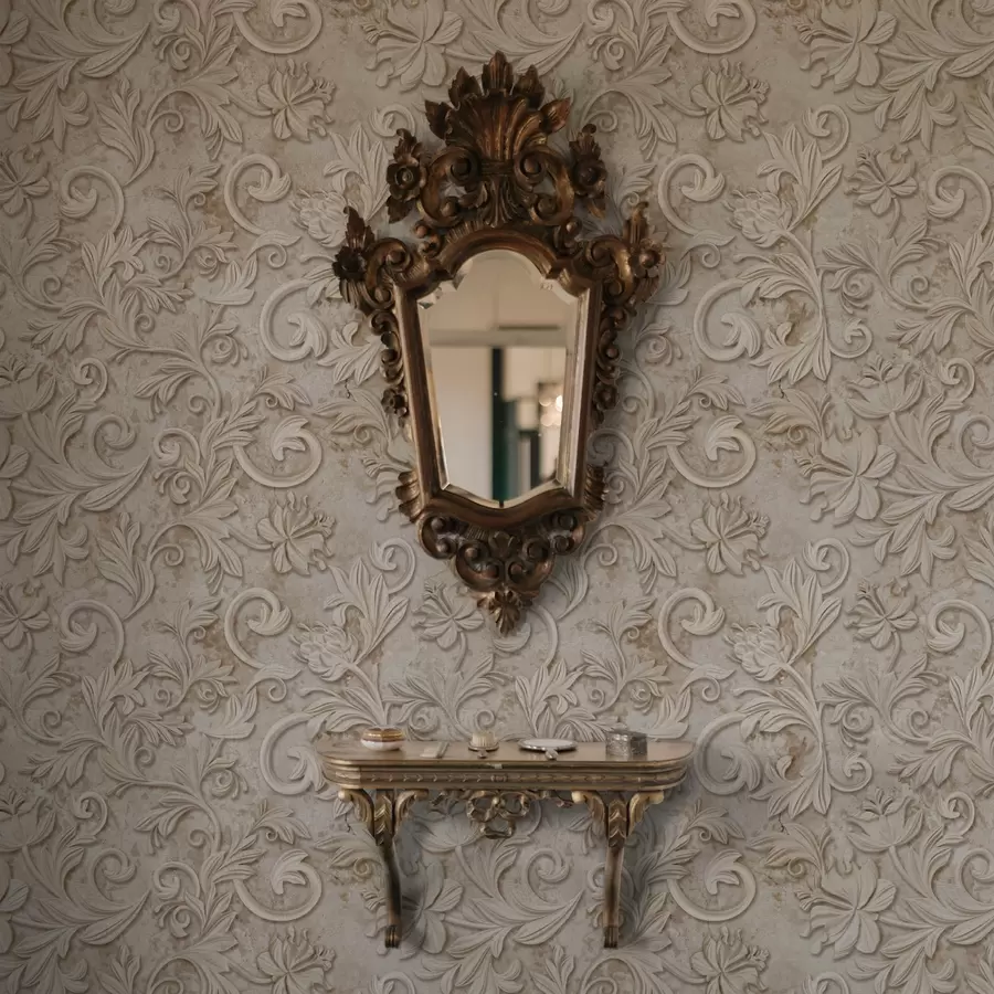 carta da parati Rilievo in pietra con volute floreali, beige vintage nr. a00784