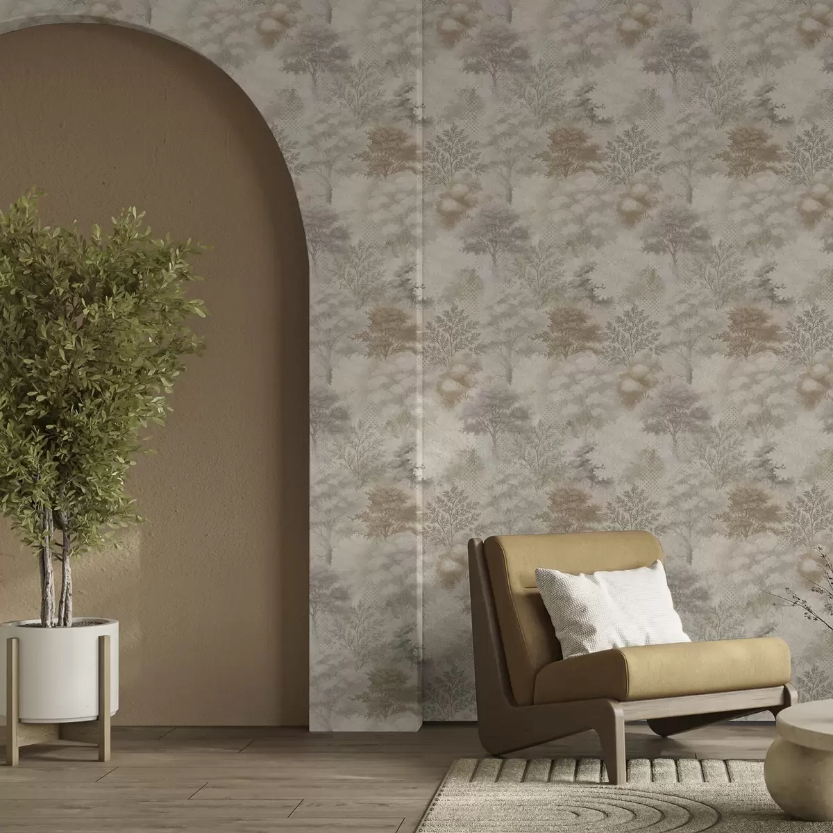 Carta da parati Foresta delicata nella nebbia, morbidi toni beige-grigio a00785