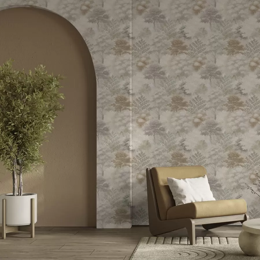carta da parati Foresta delicata nella nebbia, morbidi toni beige-grigio nr. a00785