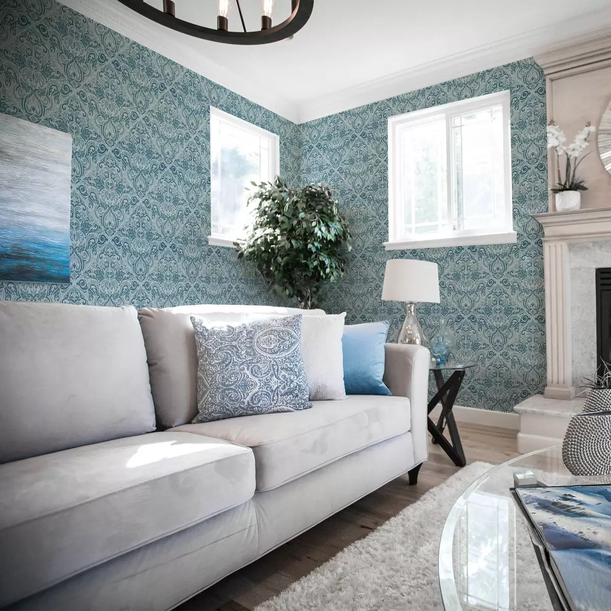 Carta da parati Damascato classico, blu intenso su azzurro a00826