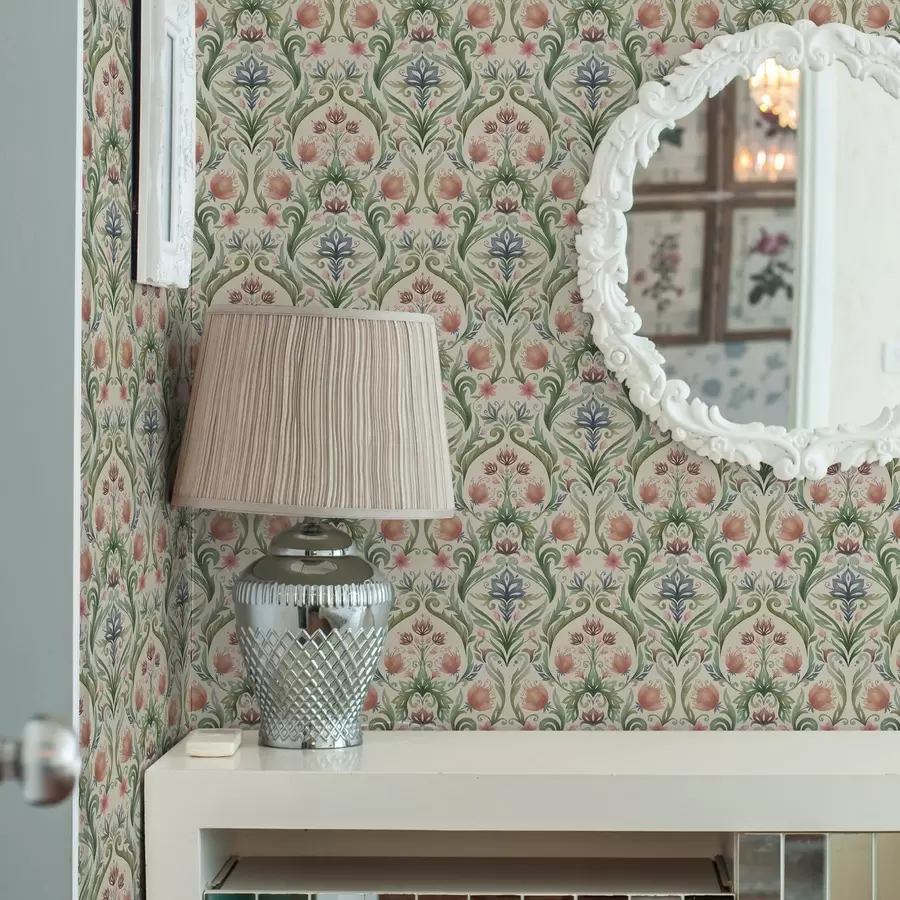 carta da parati Ornamento floreale simmetrico, terracotta e verde nr. a00827