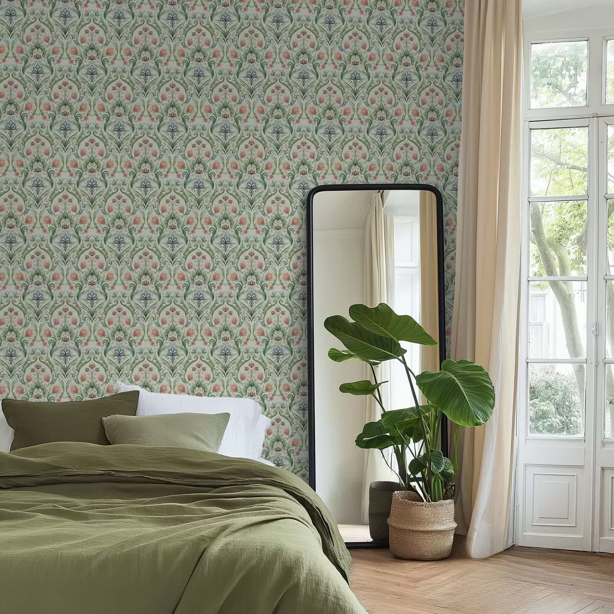 Carta da parati Ornamento floreale simmetrico, palette color menta-crema a00827v1