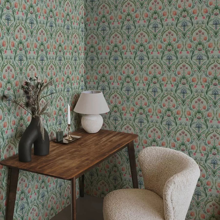 carta da parati Ornamento floreale simmetrico, palette color menta-crema nr. a00827v1