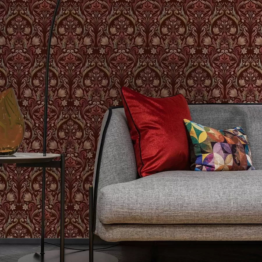 carta da parati Ornamento a tulipano, ricco sfondo bordeaux nr. a00827v2