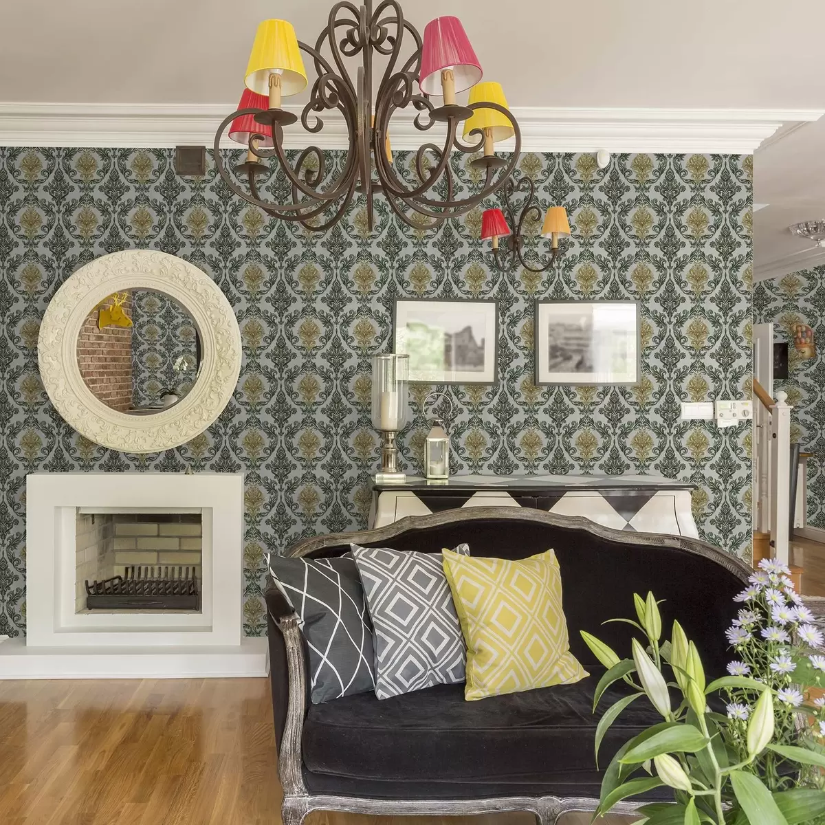 Carta da parati Damasco con volute verdi su fondo chiaro a00828v1