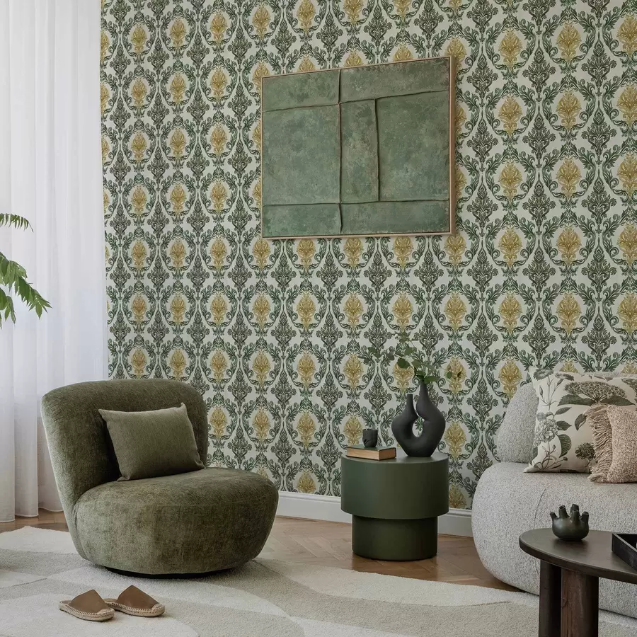 carta da parati Damasco con volute verdi su fondo chiaro nr. a00828v1