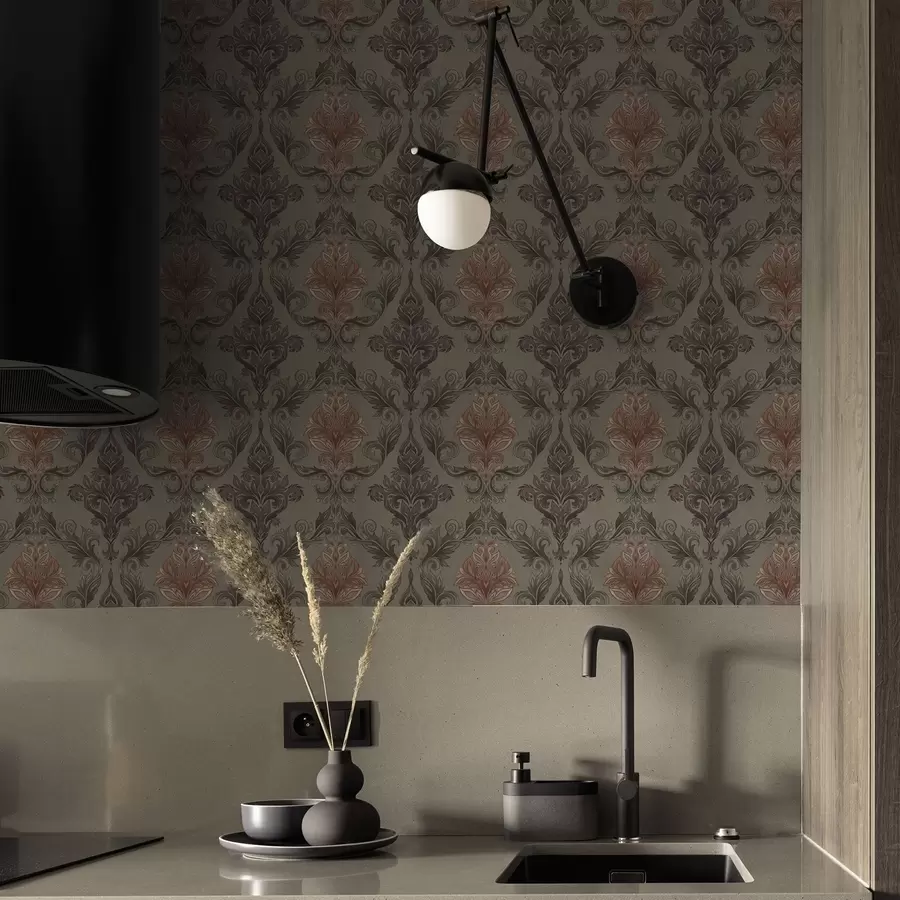 carta da parati Damasco in terracotta su fondo oliva tenue nr. a00828v3