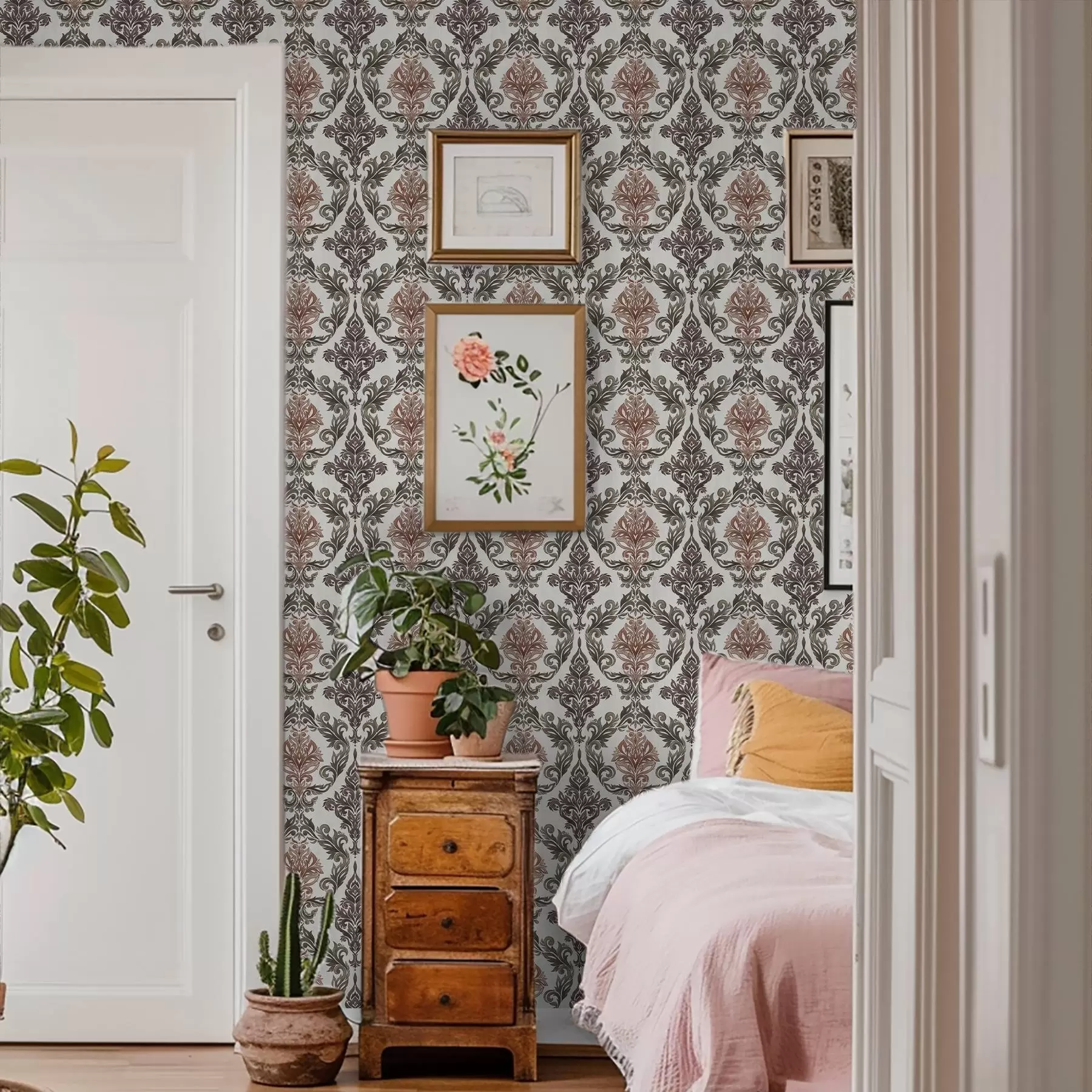 carta da parati Damasco con accenti color rame-marrone su fondo chiaro nr. a00828v4