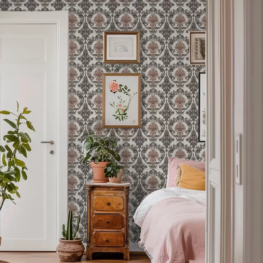 carta da parati Damasco con accenti color rame-marrone su fondo chiaro nr. a00828v4