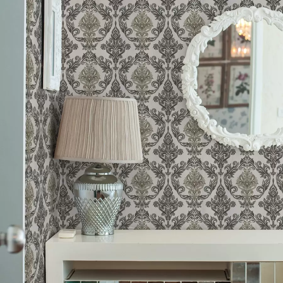 carta da parati Damasco su fondo chiaro, accenti color bronzo oliva nr. a00828v6