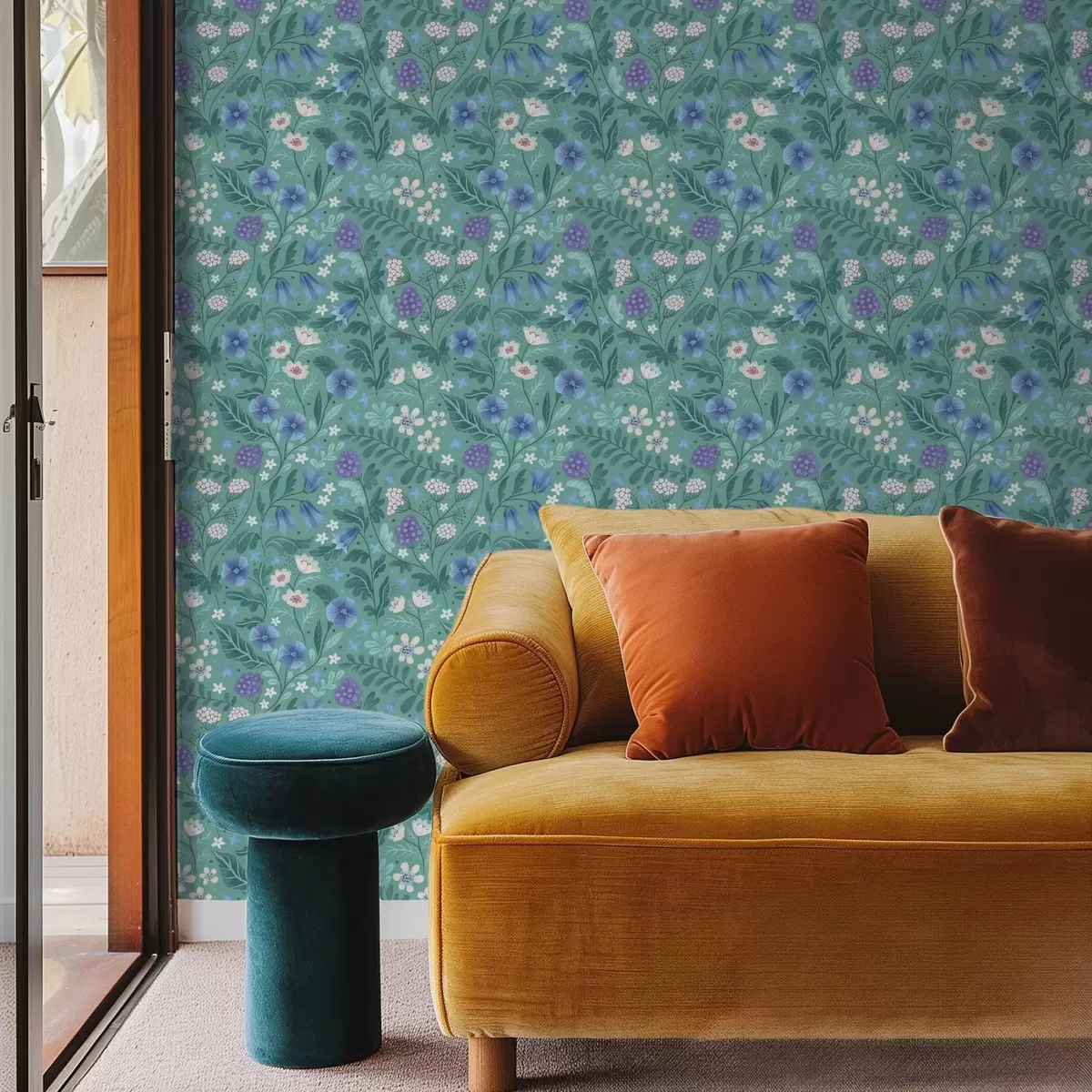 Carta da parati Fiori selvatici e bacche su sfondo color menta chiaro a00849