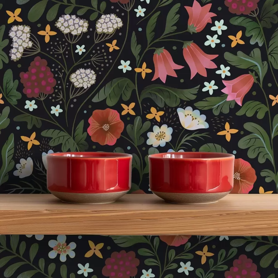 carta da parati Fiori selvatici e bacche su sfondo nero intenso nr. a00849v3