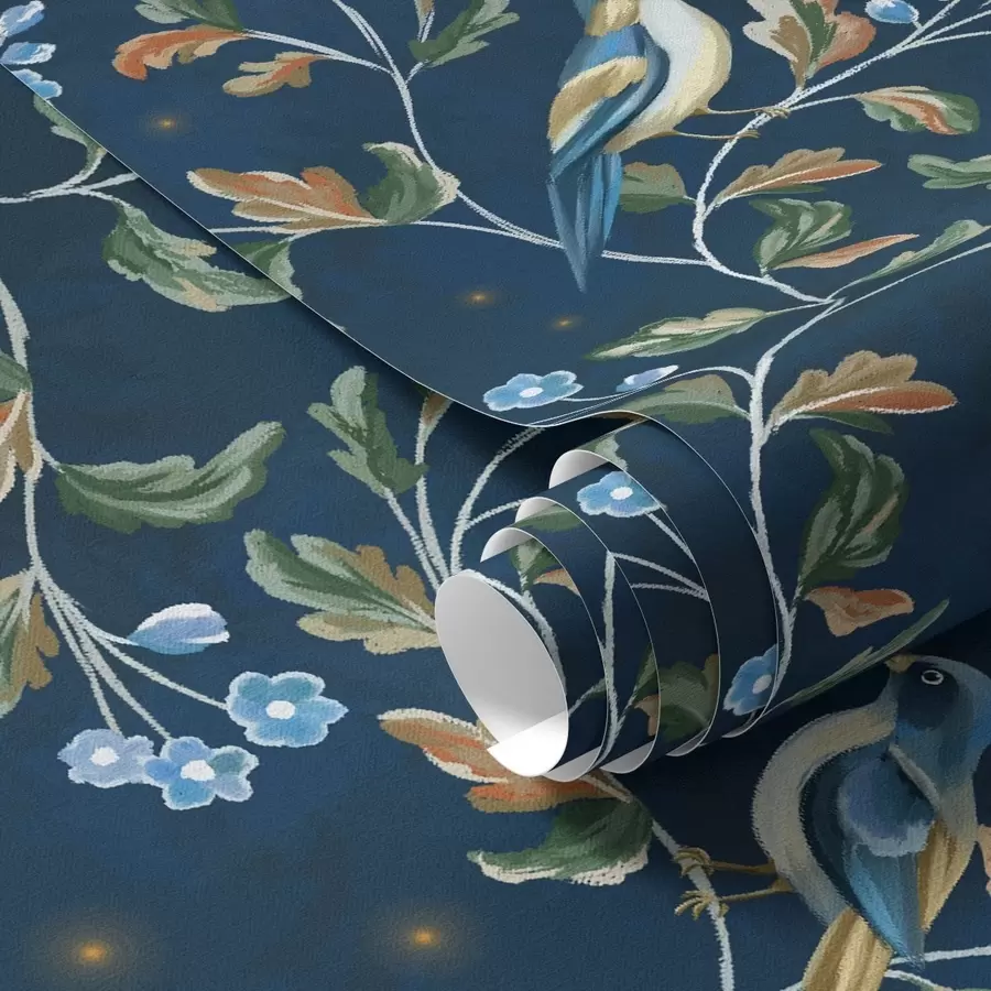 carta da parati Tette sui rami, sfondo blu notte con scintille nr. a00858