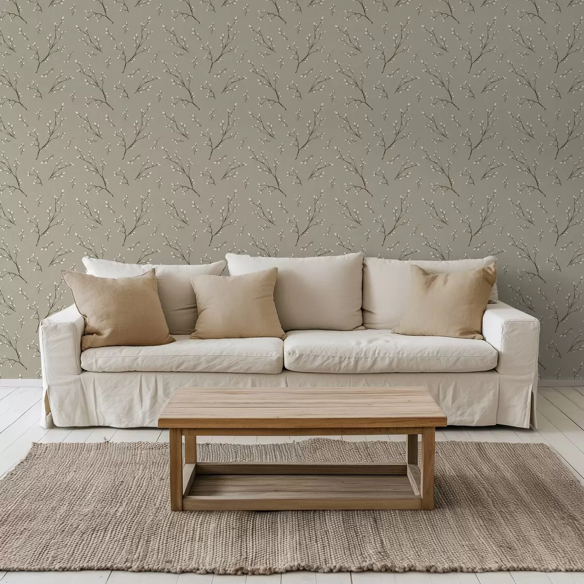 Carta da parati Ramoscelli con boccioli bianchi su sfondo lino color tortora a00861