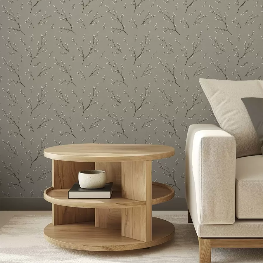 carta da parati Ramoscelli con boccioli bianchi su sfondo lino color tortora nr. a00861
