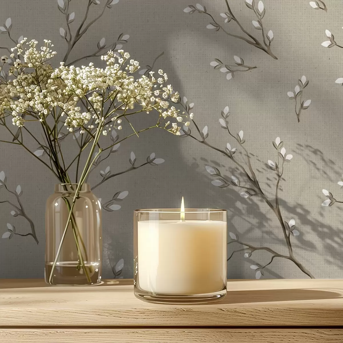 Carta da parati Ramoscelli con boccioli bianchi su sfondo lino color tortora a00861