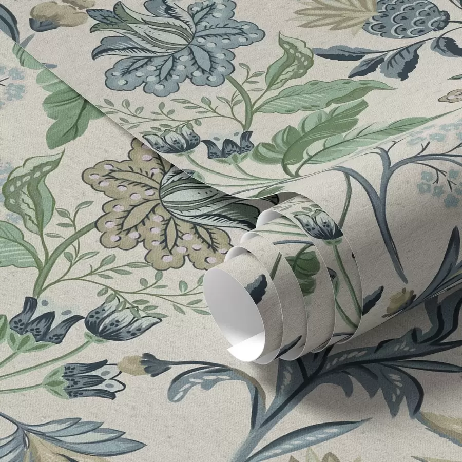 carta da parati Fiori e foglie blu-verde su sfondo crema nr. a00863