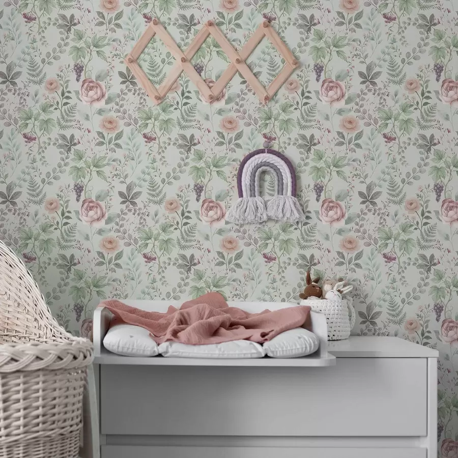 carta da parati Giardino pastello con rose, felci e uva nr. a00867
