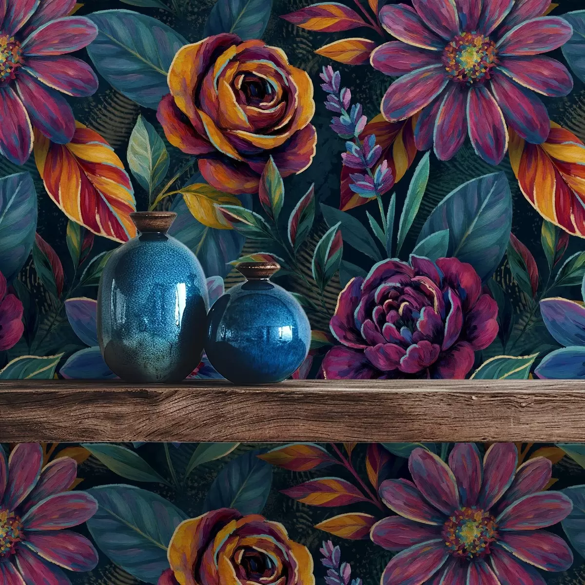 Carta da parati Fiori dai colori vivaci e brillanti su sfondo blu navy intenso a00871