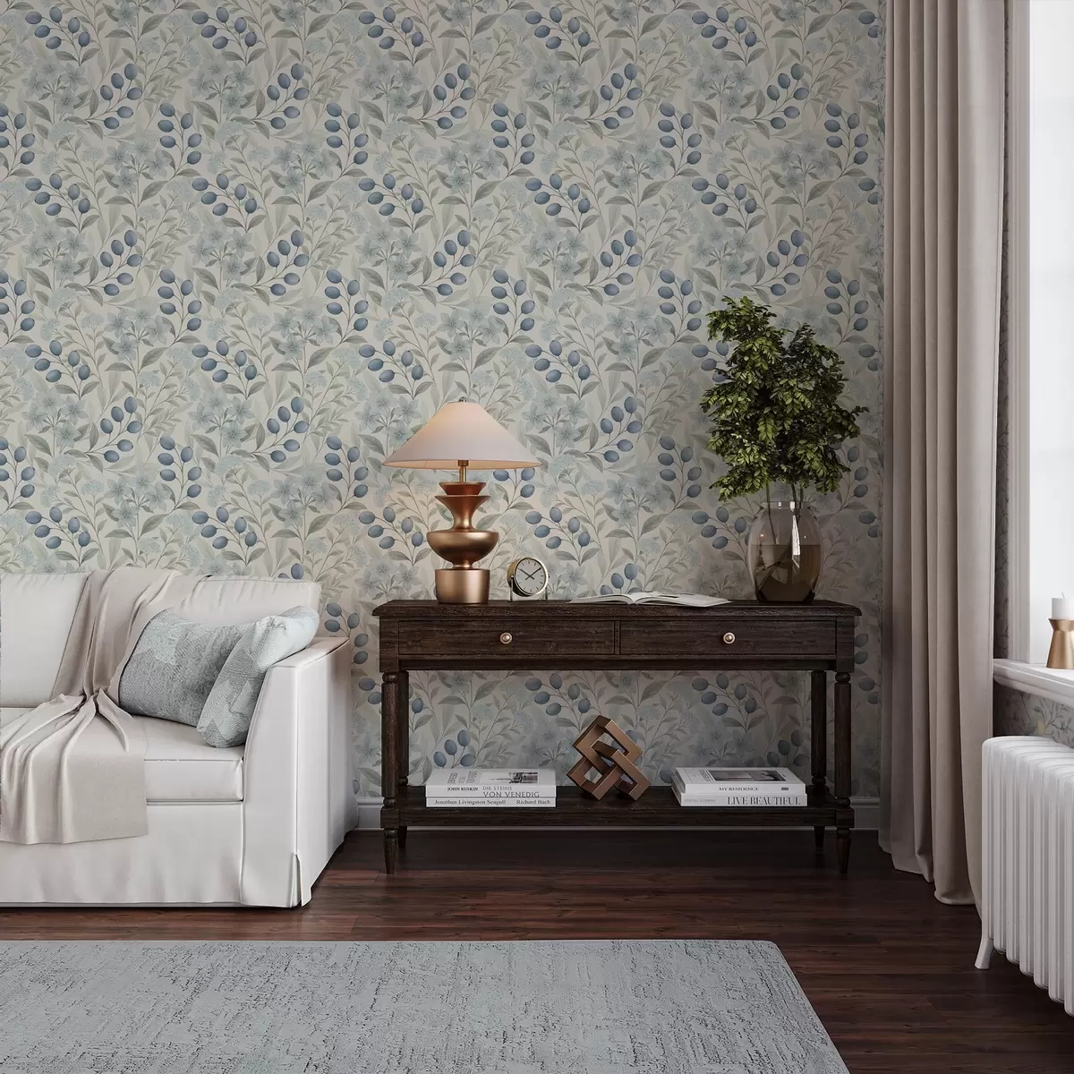 Carta da parati Mirtilli blu e fiori chiari su avorio a00872