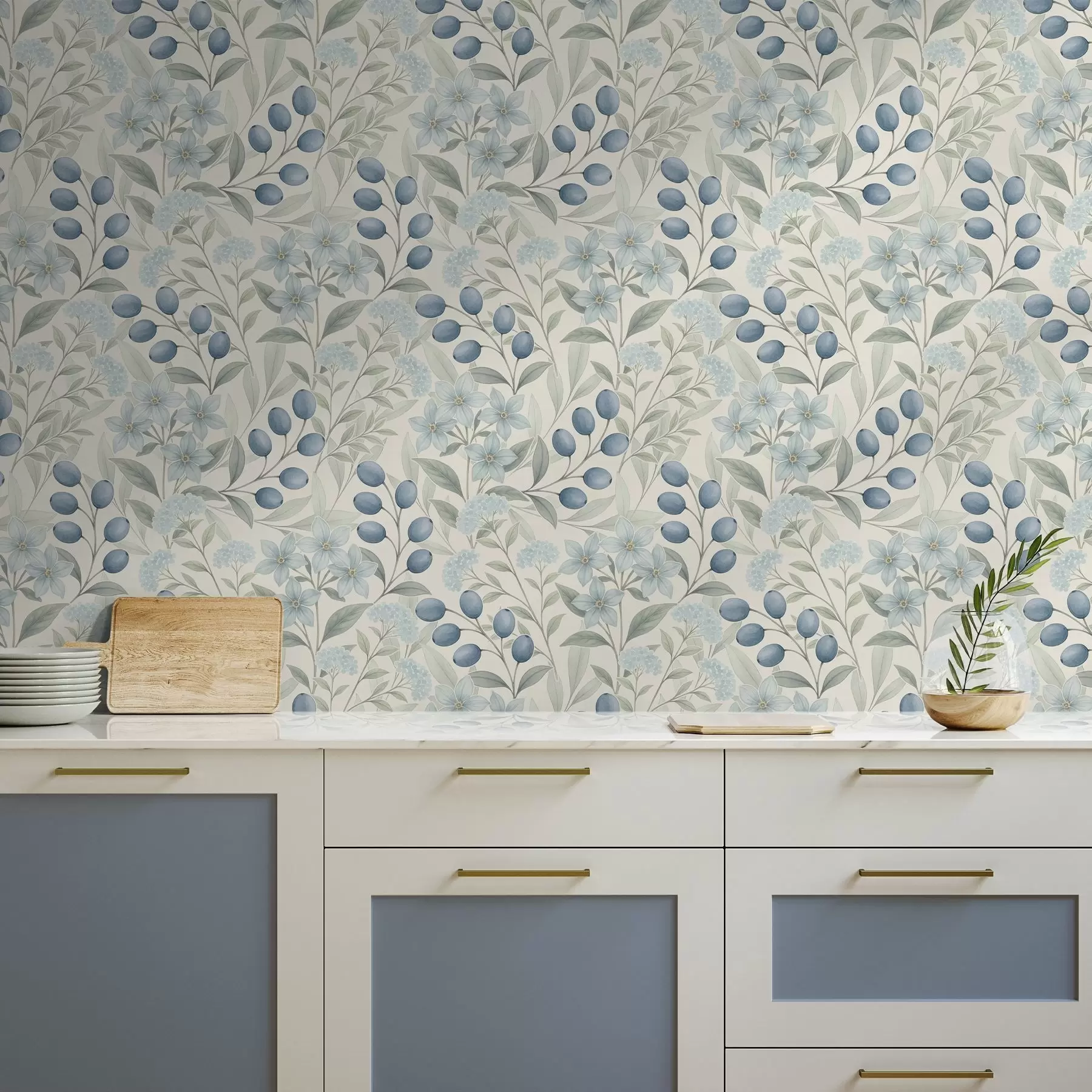 carta da parati Mirtilli blu e fiori chiari su avorio nr. a00872