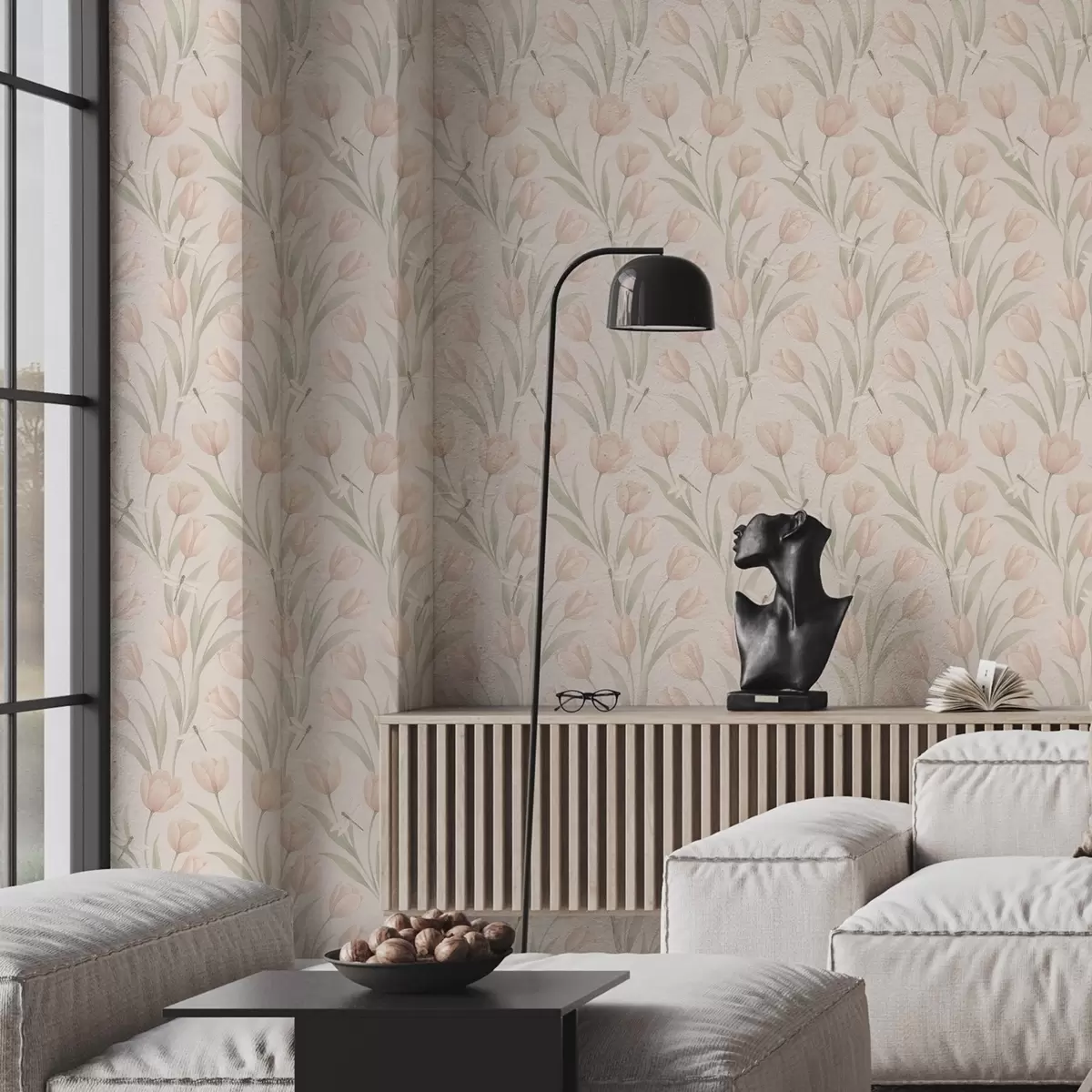 Carta da parati Tulipani pastello con libellule su sfondo rosa cipria a00876