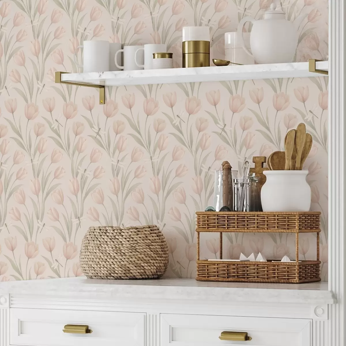 Carta da parati Tulipani pastello con libellule su sfondo rosa cipria a00876