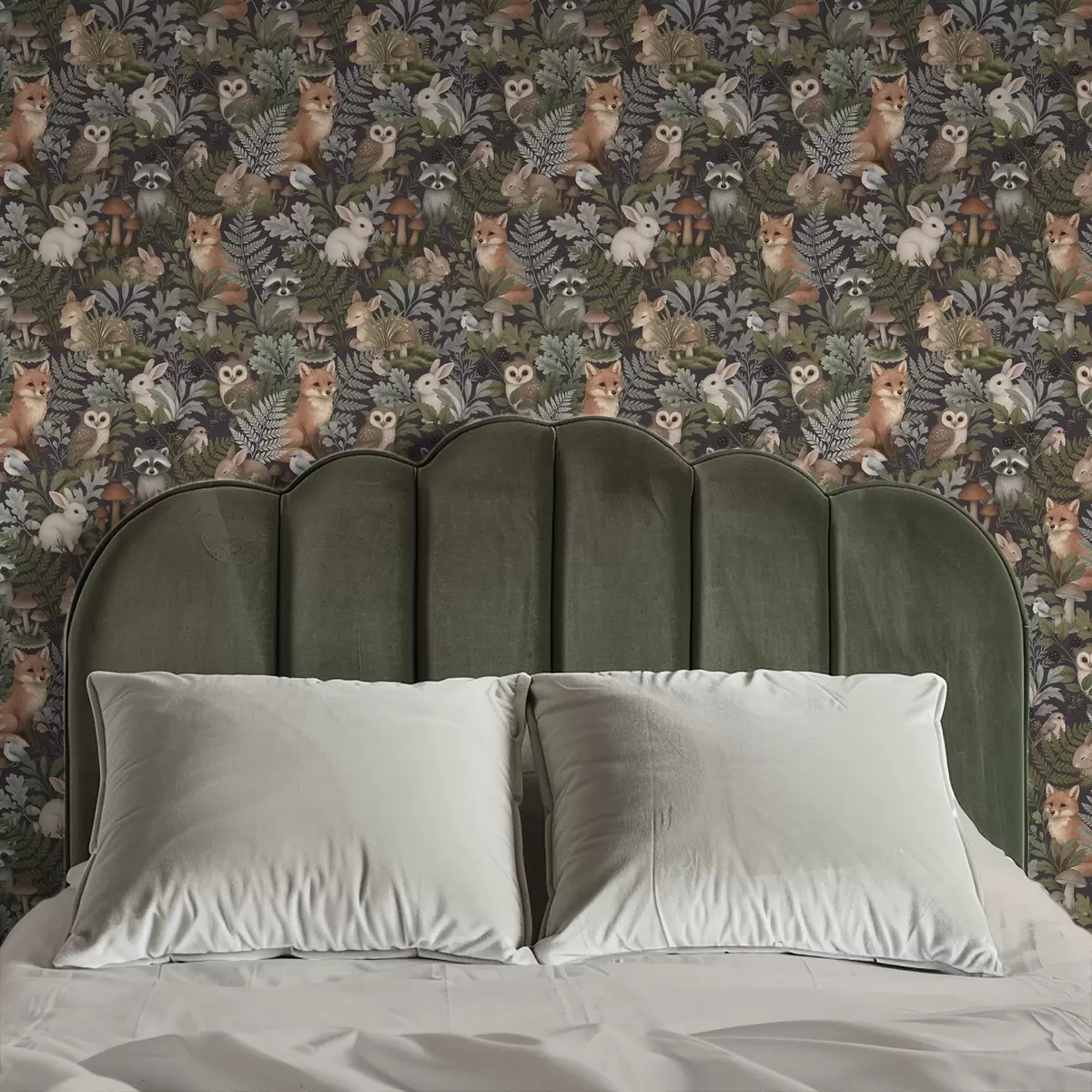 Carta da parati Animali del bosco e felci su carbone profondo a00880