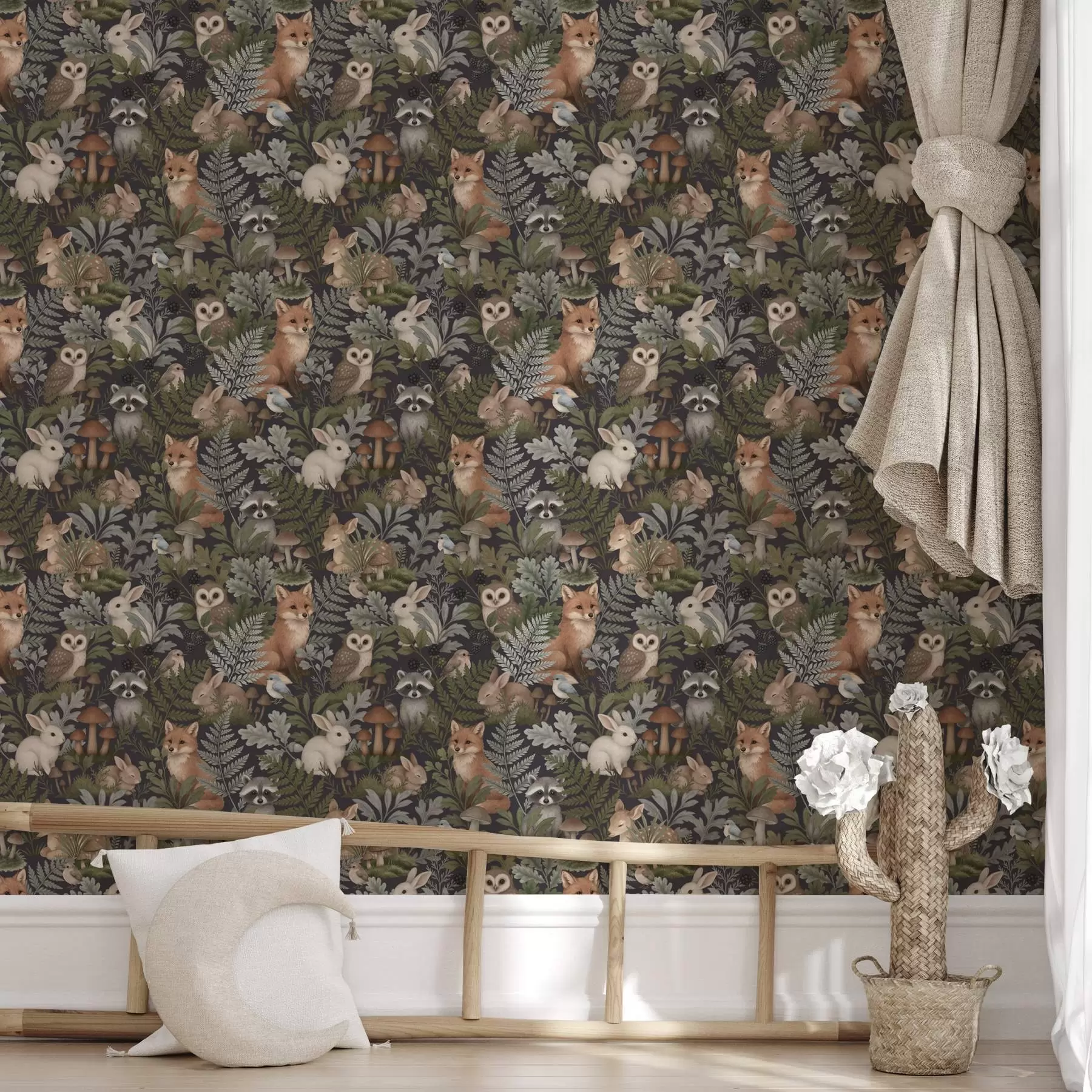 carta da parati Animali del bosco e felci su carbone profondo nr. a00880