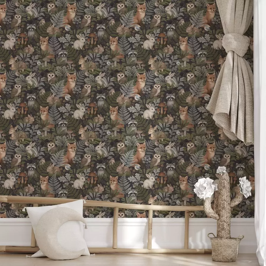 carta da parati Animali del bosco e felci su carbone profondo nr. a00880
