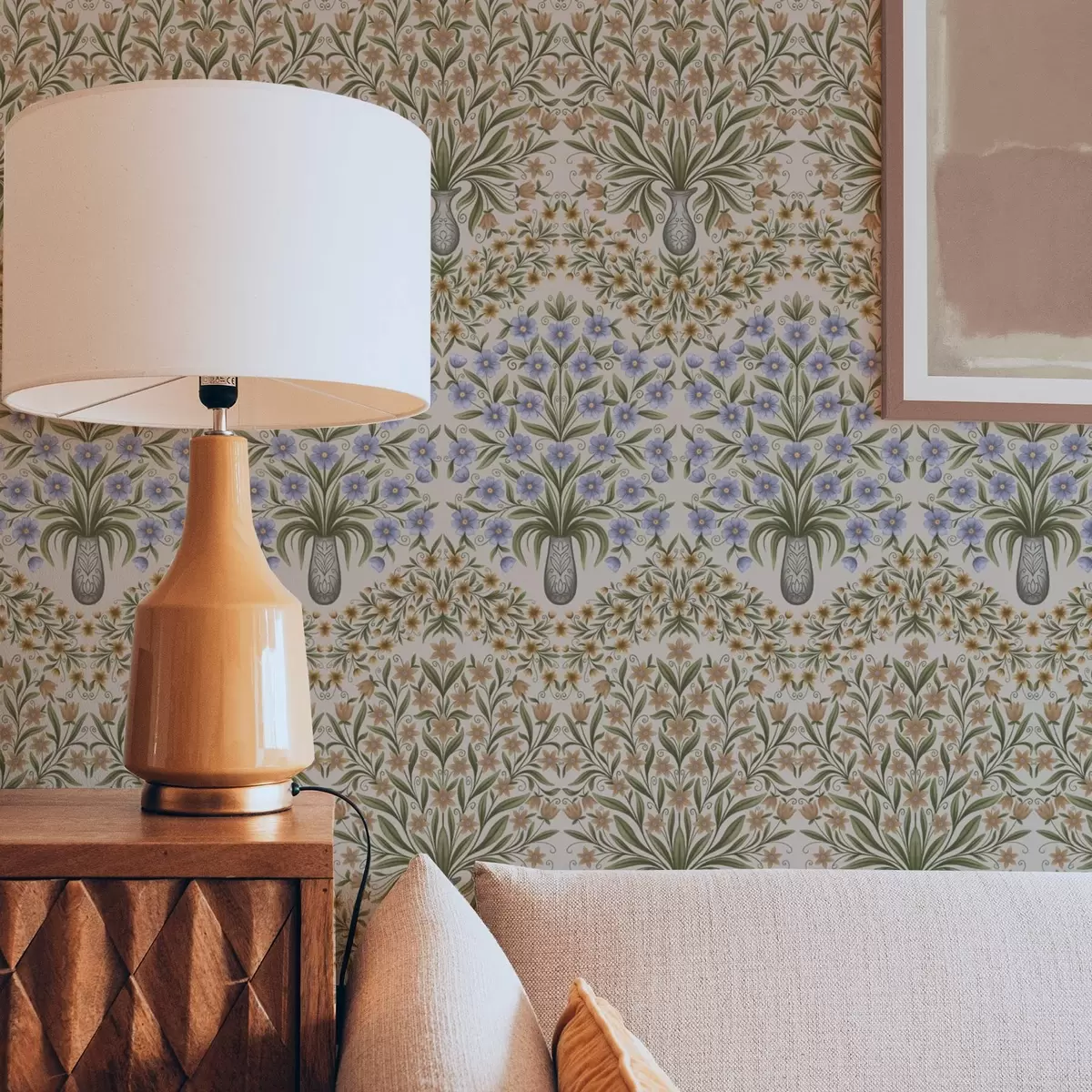 Carta da parati Vasi folk con fiori blu e foglie di olivo su sfondo rosa cipria a00900