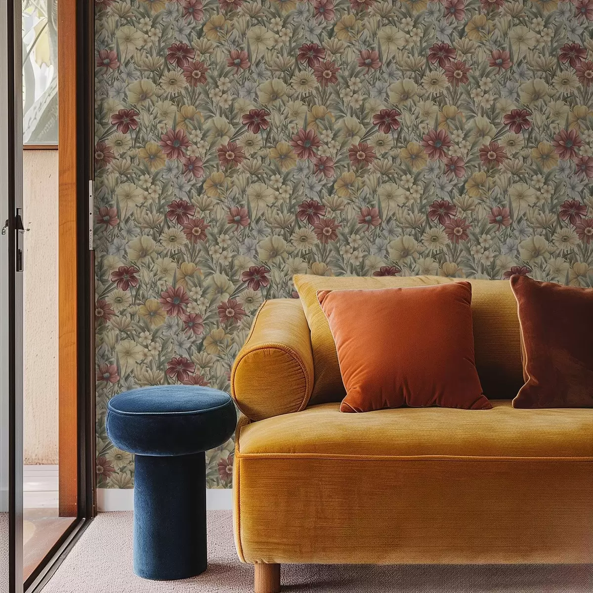 Carta da parati Prato vintage fiorito nei toni caldi del giallo, rosso e salvia a00906