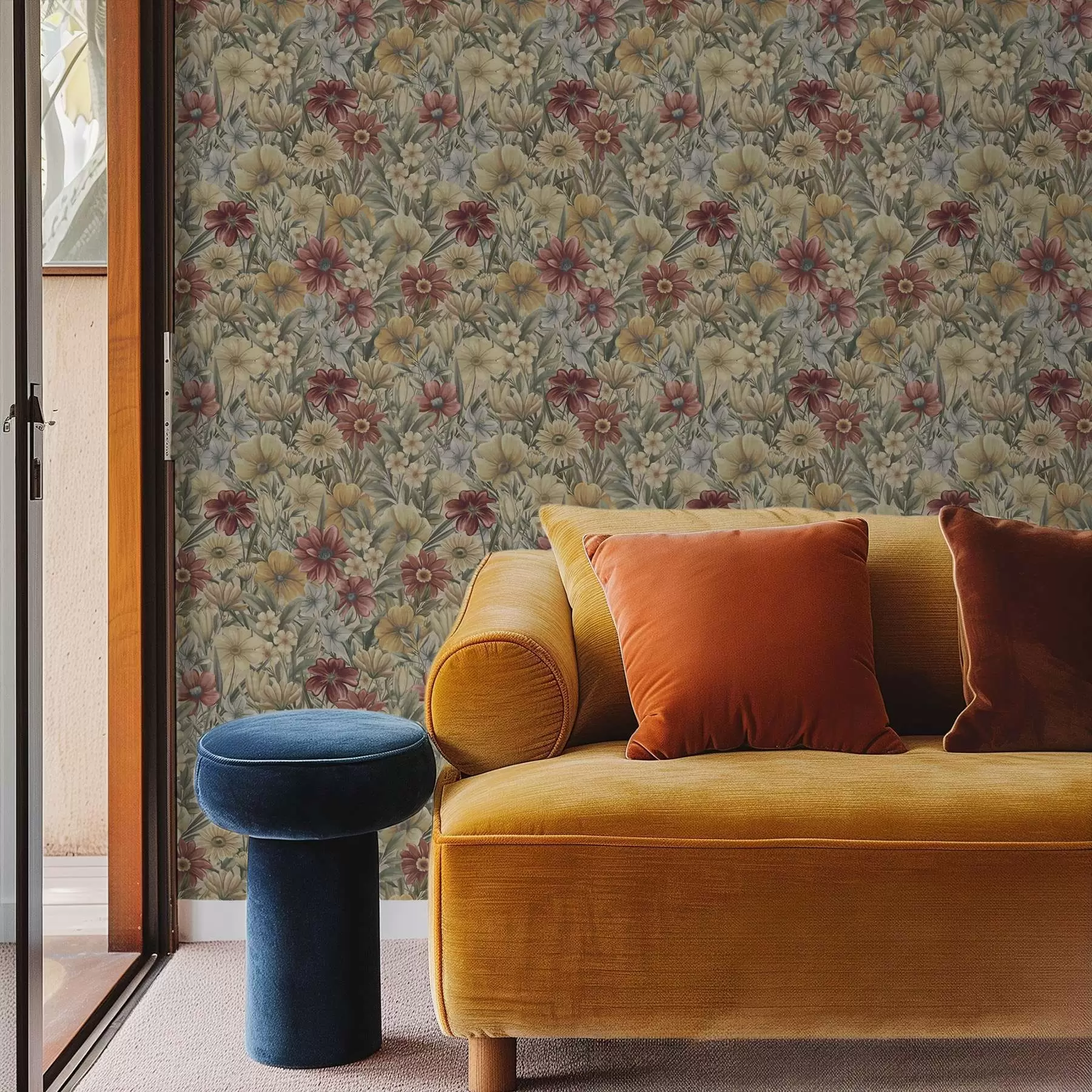 carta da parati Prato vintage fiorito nei toni caldi del giallo, rosso e salvia nr. a00906