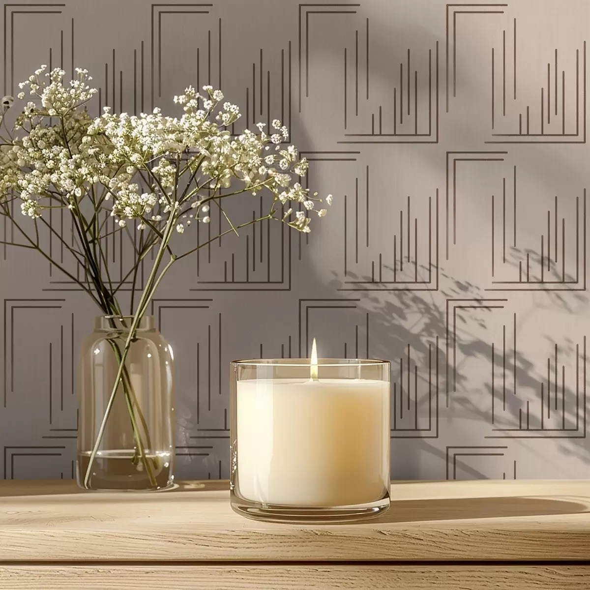 Carta da parati Quadrati angolari con linee in cacao su beige caldo a00910