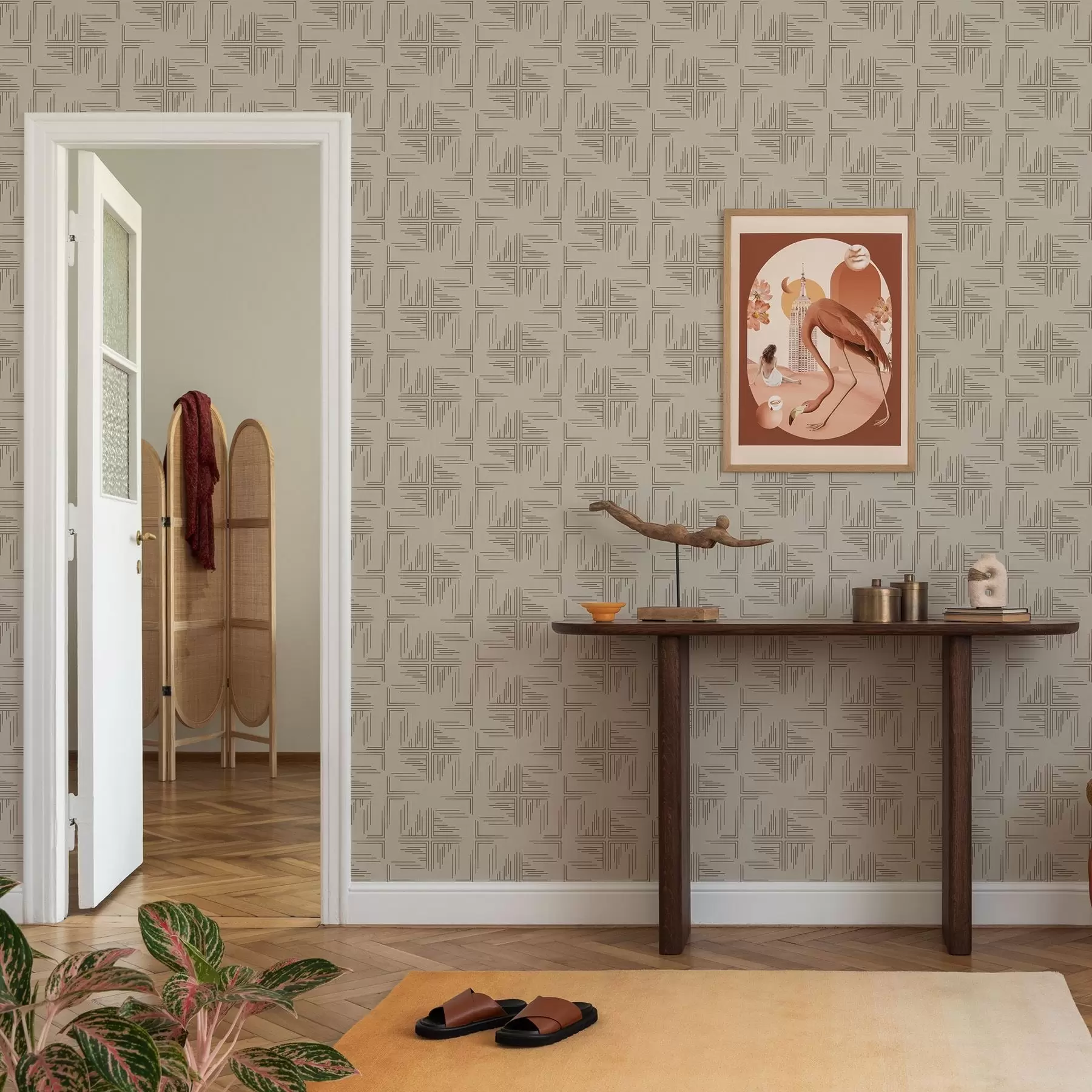 carta da parati Blocchi angolari in cacao sfalsati con accenti di linee sparse, beige nr. a00912