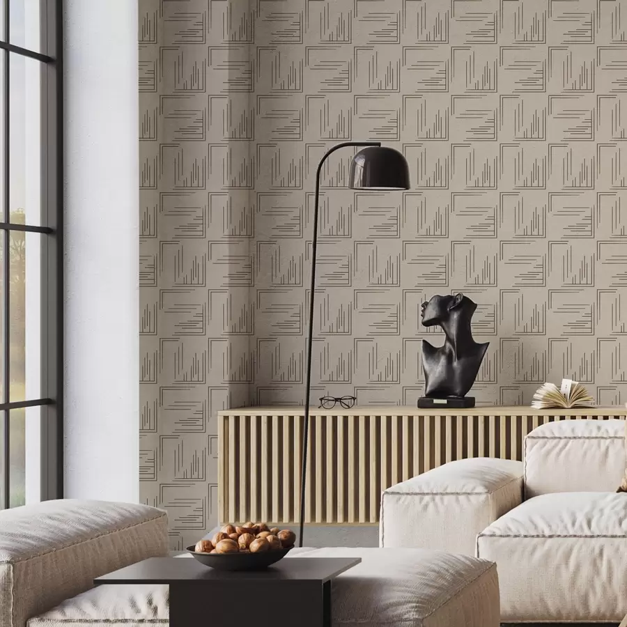 carta da parati Grandi quadrati angolari color cacao con riempimenti a linee variegate, sabbia nr. a00913