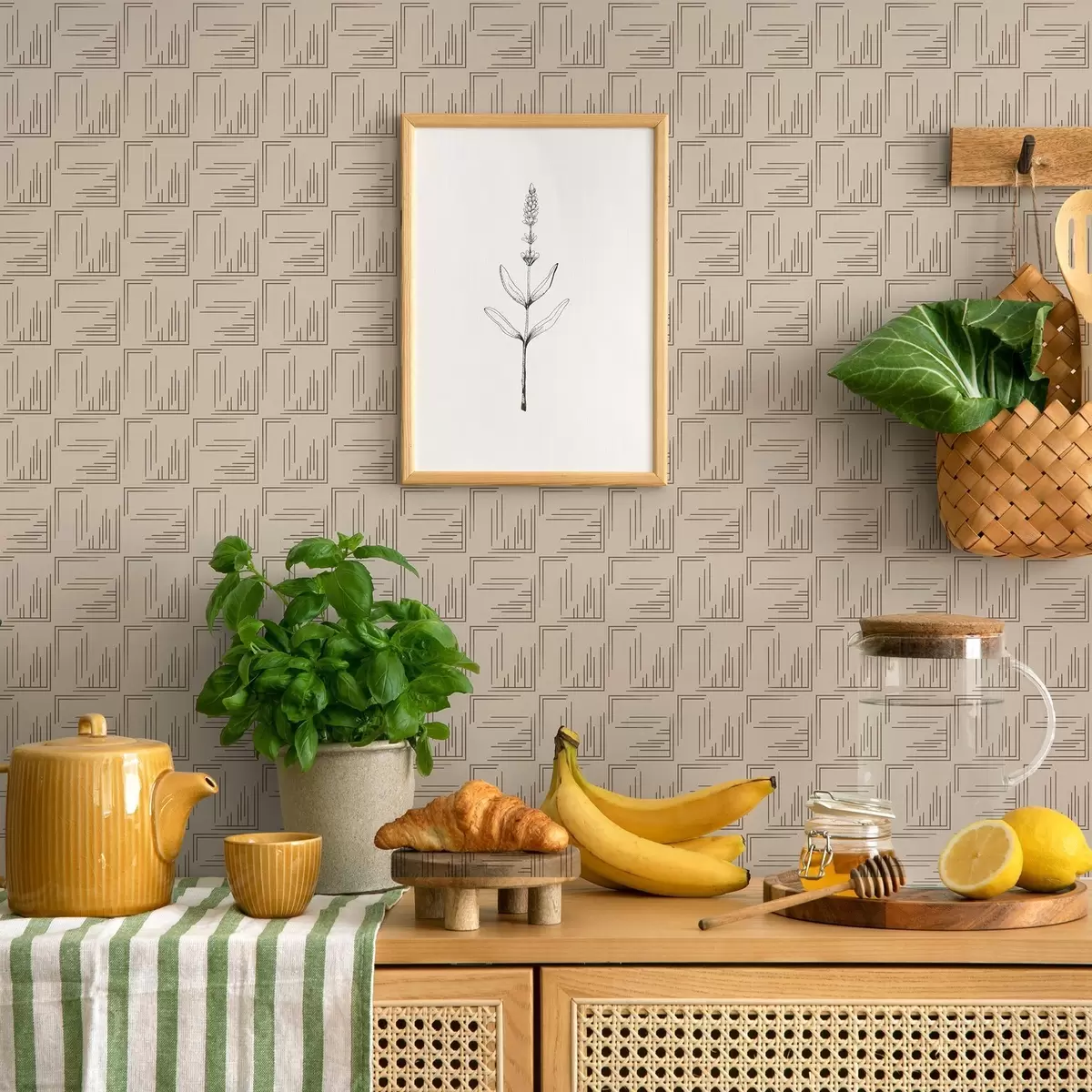 Carta da parati Grandi quadrati angolari color cacao con riempimenti a linee variegate, sabbia a00913