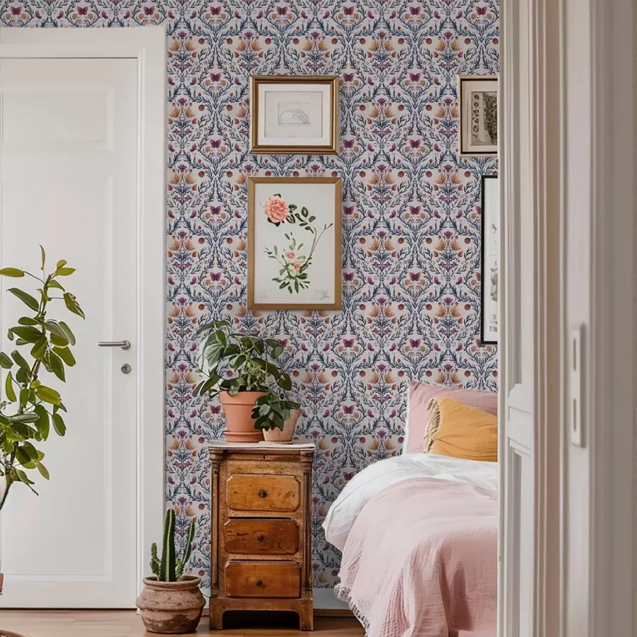 carta da parati Damascato floreale con farfalle in blu navy e terracotta su fondo bianco nr. a00926v1