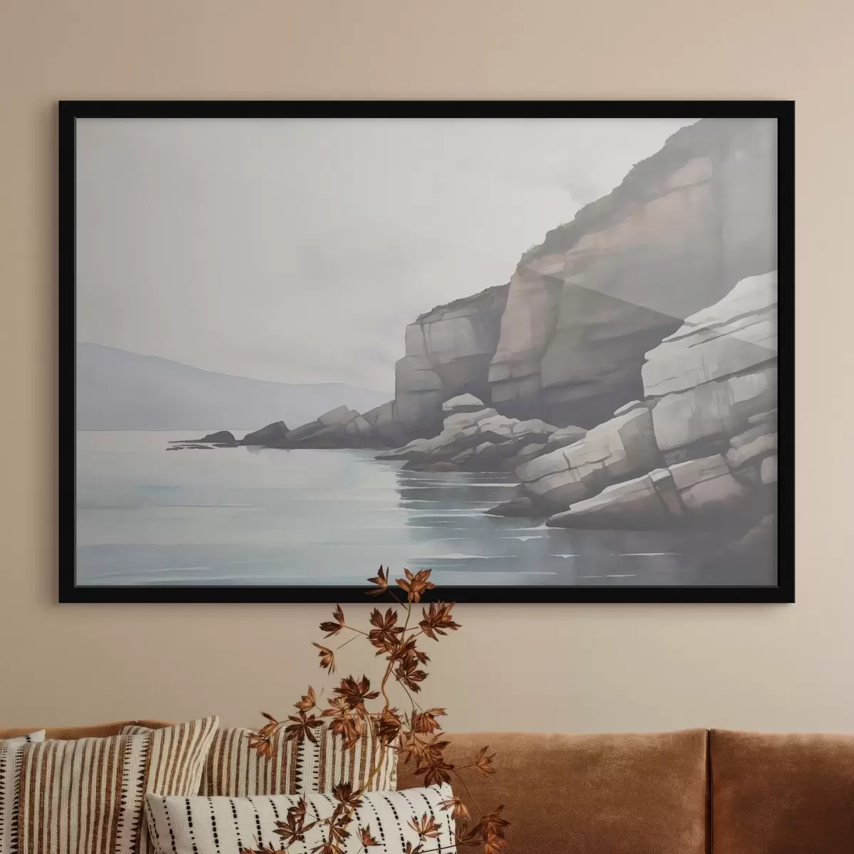 Poster Spiaggia rocciosa nella nebbia f46464