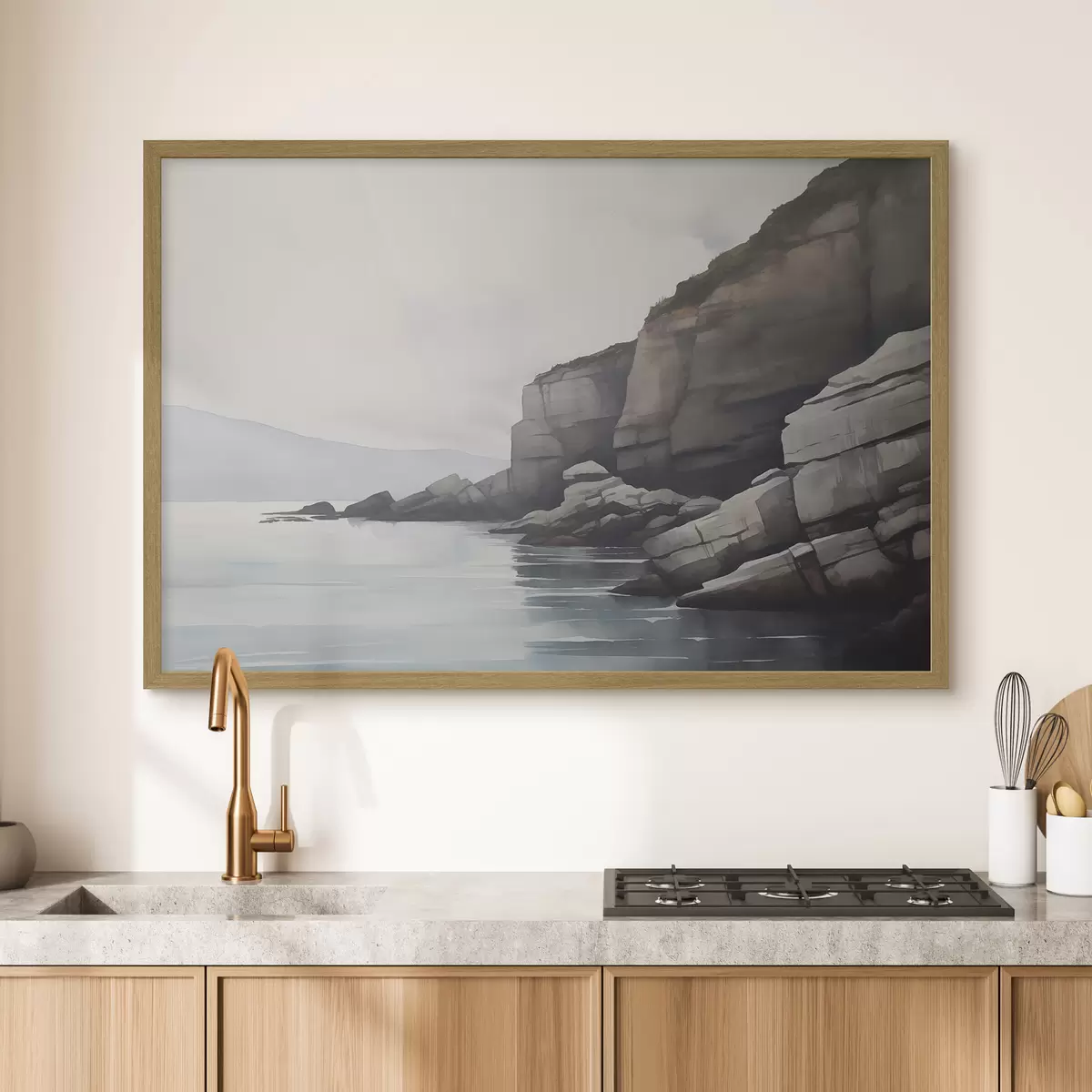 Poster Spiaggia rocciosa nella nebbia f46464