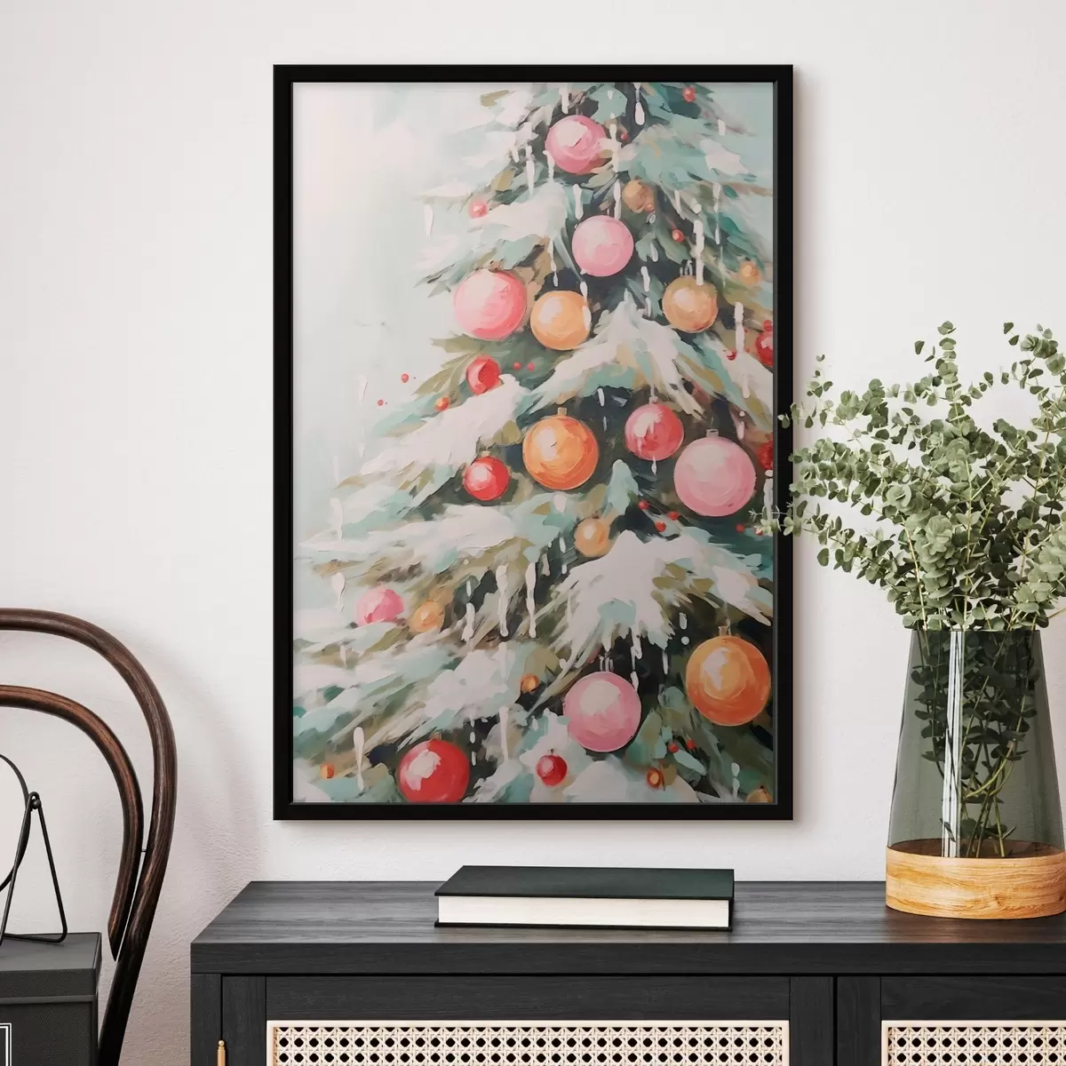 Poster Albero di Natale con neve e palline rosa f46480