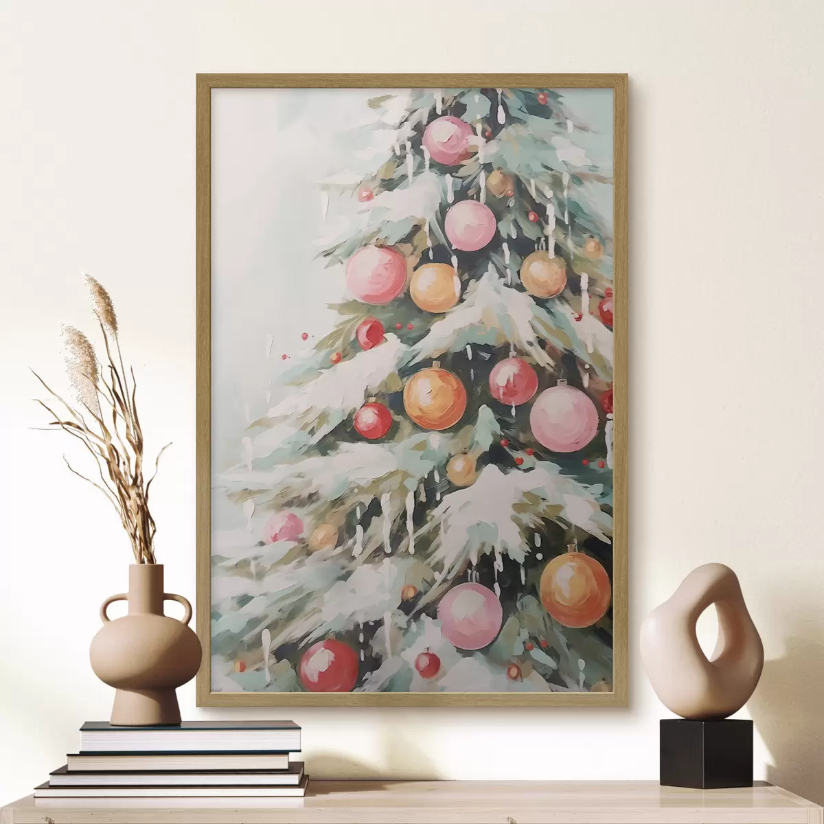 Poster Albero di Natale con neve e palline rosa f46480