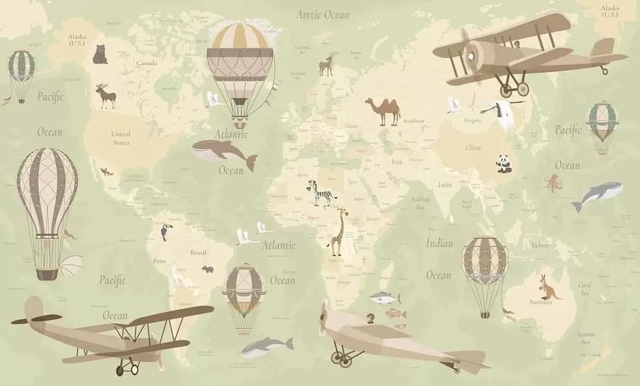 carta da parati Mappa del mondo per bambini con animali, aeroplani e mongolfiere. Lingua inglese. Colore verde nr. c00003env2